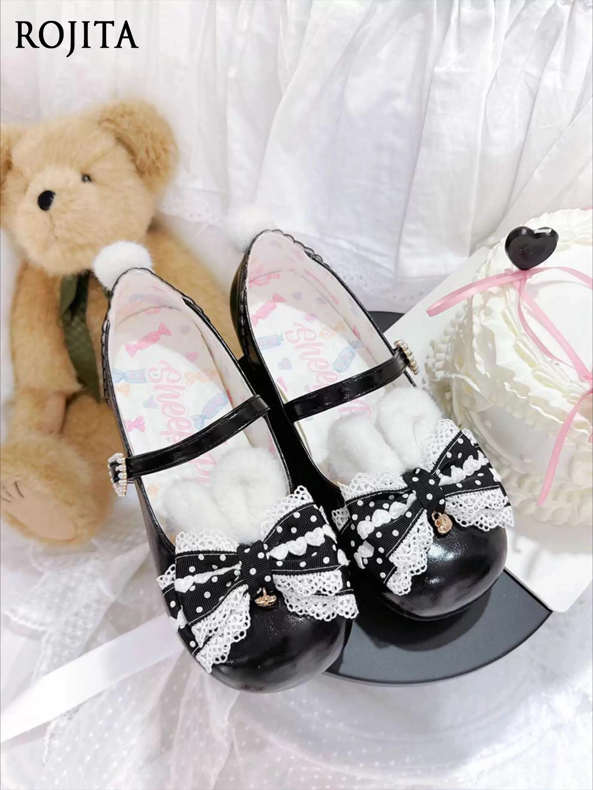 

Polka Dot Bunny Lolita Low Heel Plush Bunny Ear Polka Dot Flats Low Heel Small Leather Shoes Spring and Autumn Single Shoes