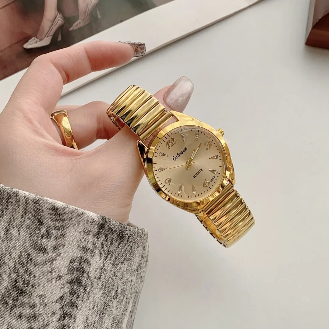 Reloj de cuarzo con puntero redondo dorado, reloj de pulsera clásico con banda elástica de simulación, adecuado para parejas masculinas y femeninas