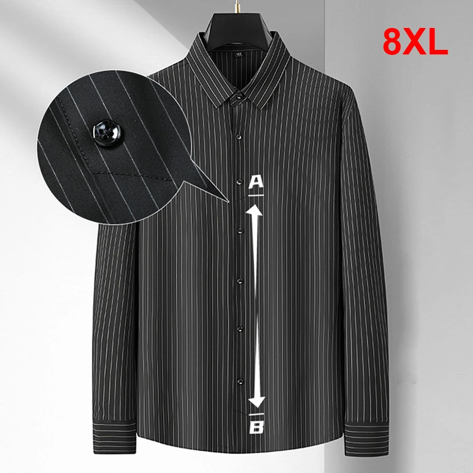 

8XL Plus Size Shirts Men Stripe Shirts Spring Autumn Long Sleeve Shirts Pinstripe Fashion Casual Tops Blouse Big Size 8XL