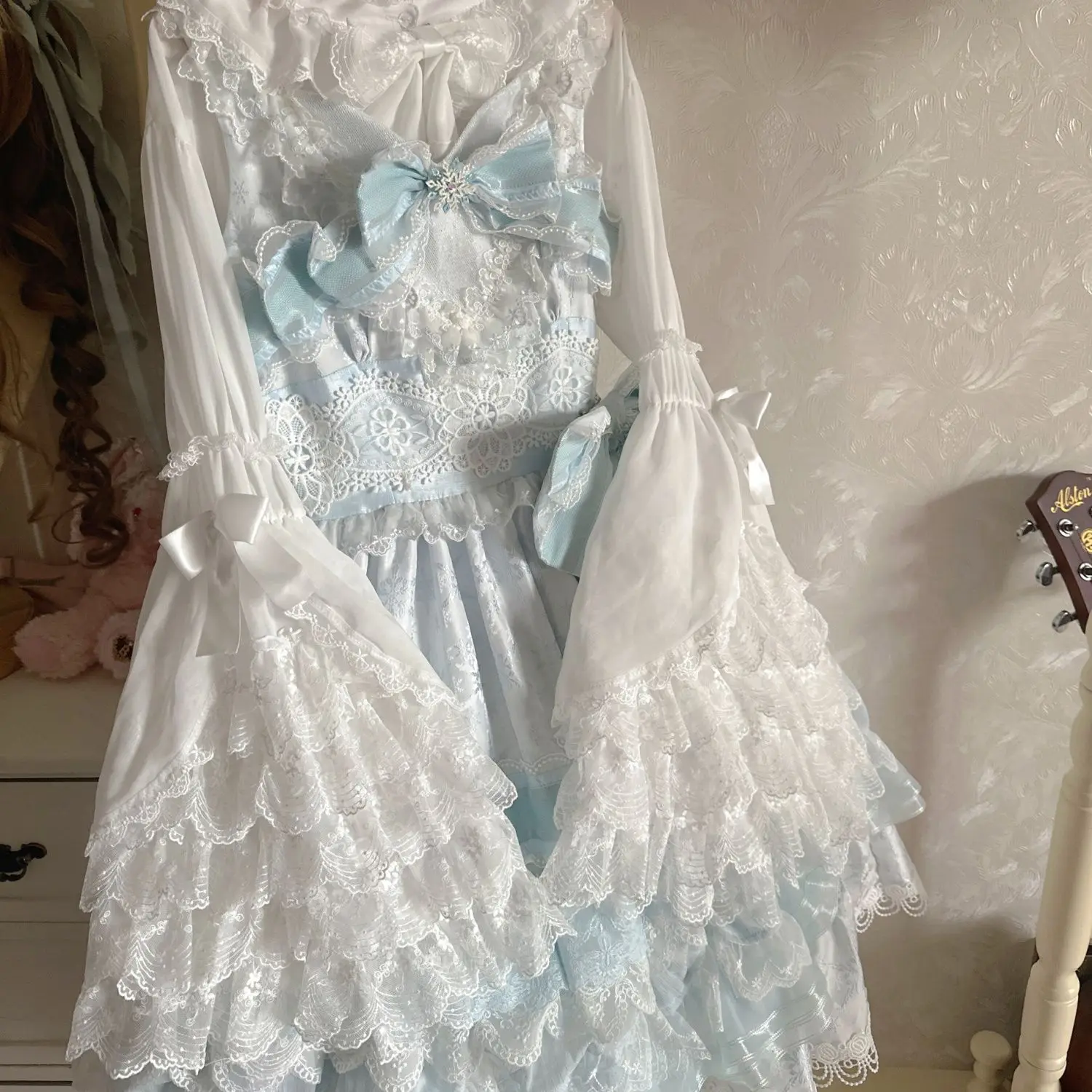 Japanese Lolita Flare Sleeve Shirt Y2k Aesthetic Lace Patchwork Sweet Bow Blouse Top Women JK Single Breasted Slim Fit Blusas