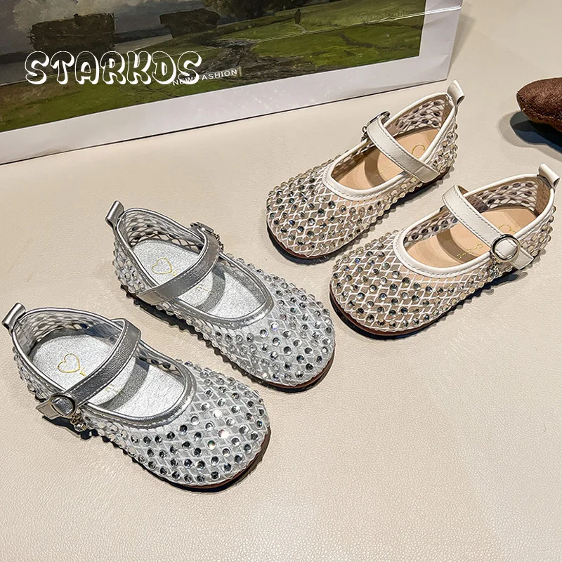 Luxury Crystal Covered Fishnet Mary Jane Shoes For Kid Girls Brand Design Rhinestone Lace Ballet Flats Child Bling Mesh  Loafers