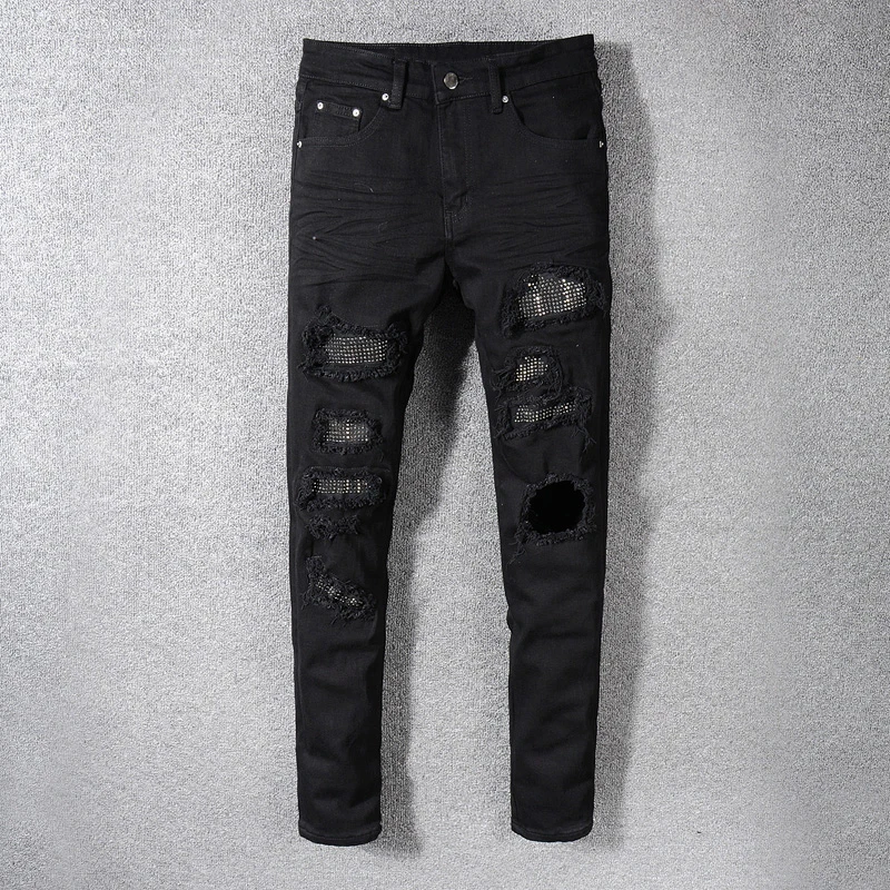 

Black Ripped Skinny Jeans Men Rhystones Rivet Men Flex Jeans 2021 Slim Fit Destroyed Patchwork Throughout Jeans Me Hip Hop Jeans