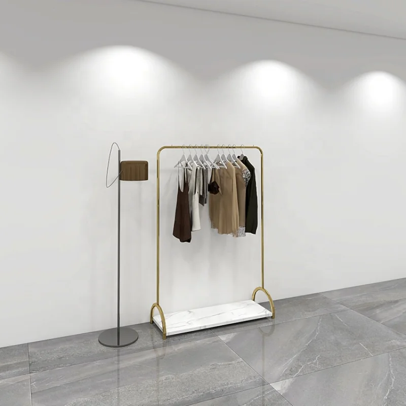 Custom, Standing Gold Clothing Garment Dress Display Stand Rack Retail Clothes Store Furniture Interior Design