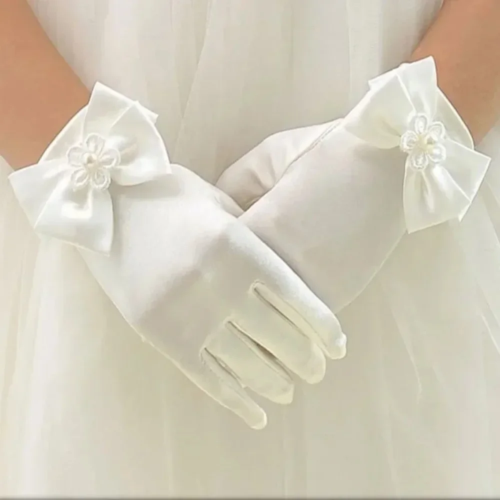 New Sweet Satin Flower  Gloves White Gloves for Girls Wedding Gloves with Bow Fashion Mittens