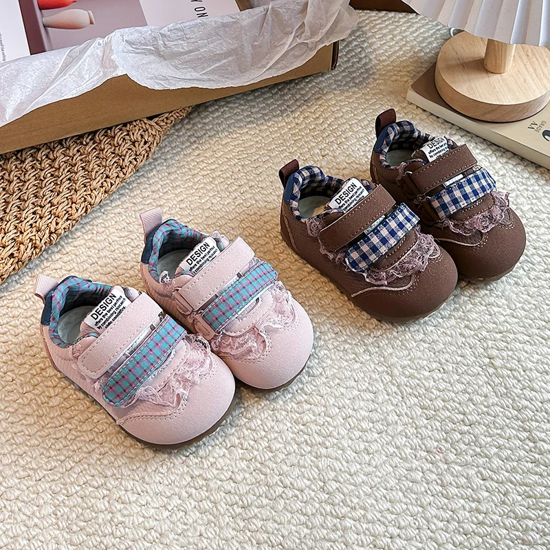 Toddler Girls Lace Plaid Strap Sneakers Double Magic‑Tape Soft Rubber Sole Casual Walking Shoes