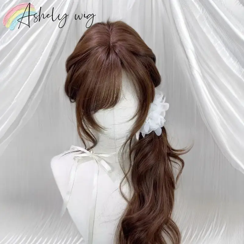 Peluca marrón con flequillo de 26 pulgadas, ondulada larga para mujer, estilo japonés, chocolate antiguo, rizada larga y suave 4