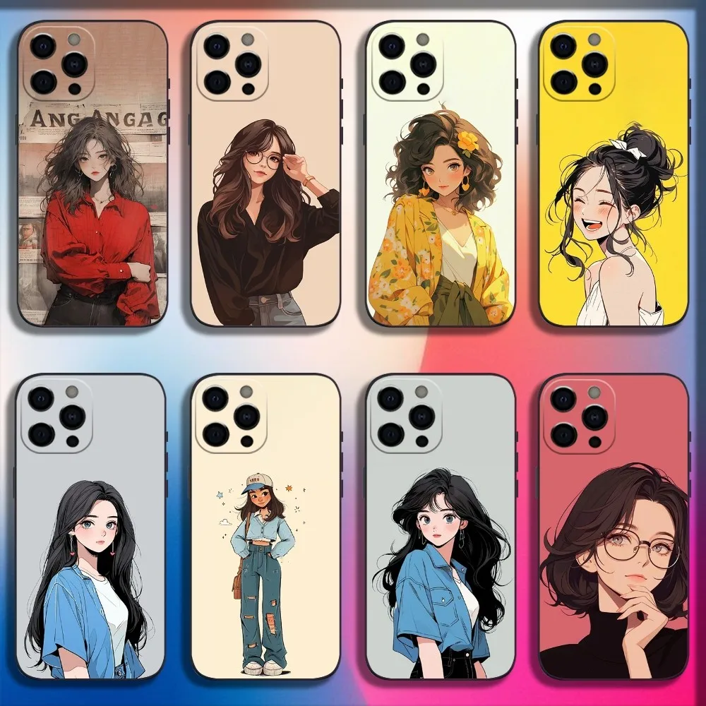 Fashion Beautiful Pretty Girls Phone Case For iPhone 16,15,14,13,12,11,Pro,X,XS,Max,XR,Plus,Mini Soft Black Cover