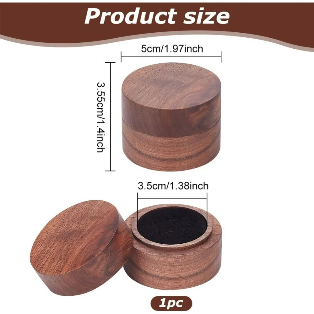 Round Wood Couple Ring Box with Black Velvet Inside 2x1.4inch Coffee Color Wooden Jewelry Ring Box 2 Slots Column Ring Gift Box