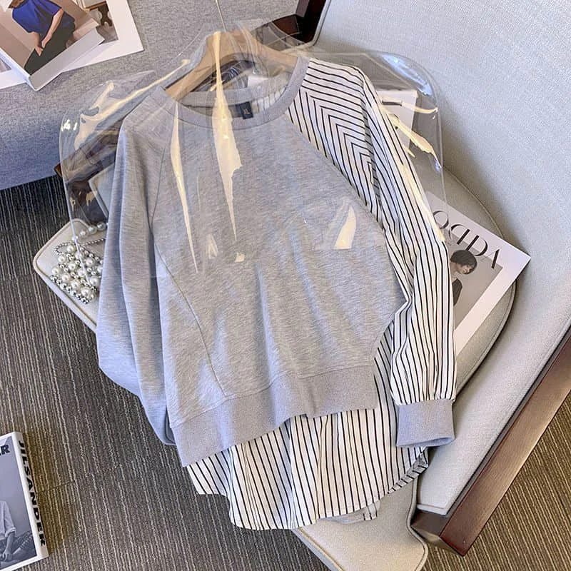 Shirts for Women O-neck Korean Fashion Oversized Blouse Striped Patchwork Fake Two Pieces Hoodies Long Sleeved Casual Women Tops