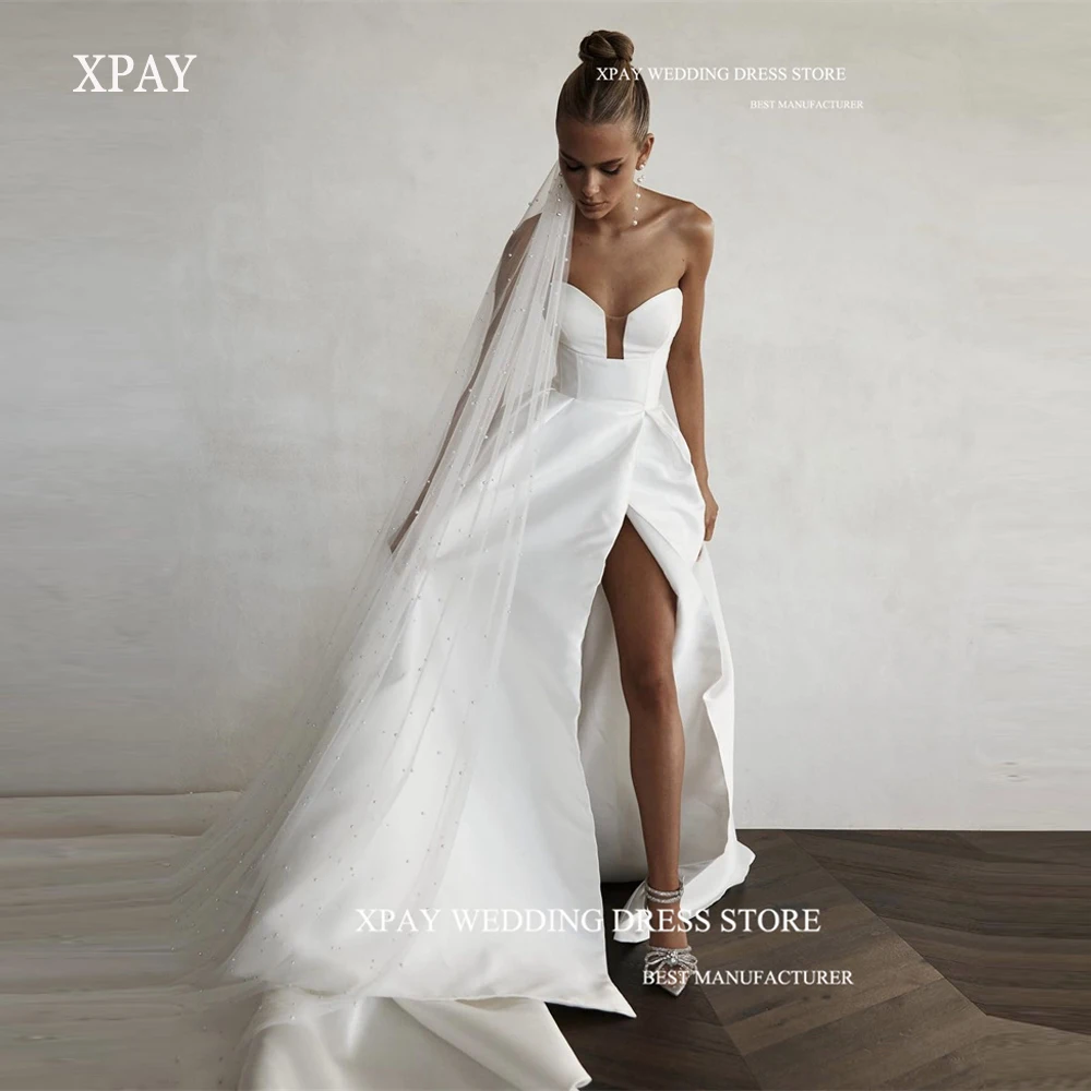 

XPAY Simple Sweetheart A Line Satin Wedding Dresses Split Floor Length Bridal Gowns With Tulle Pearls Veil Vestido de noiva