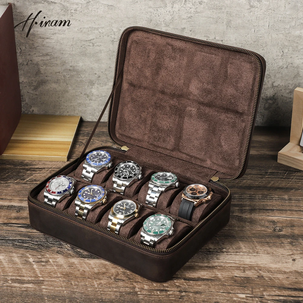 Genuine Leather Luxury 8/10/12 Slots Watch Case Organizer Men Jewelry Storage Box Zipper Travel Box Portable Men Watch Box