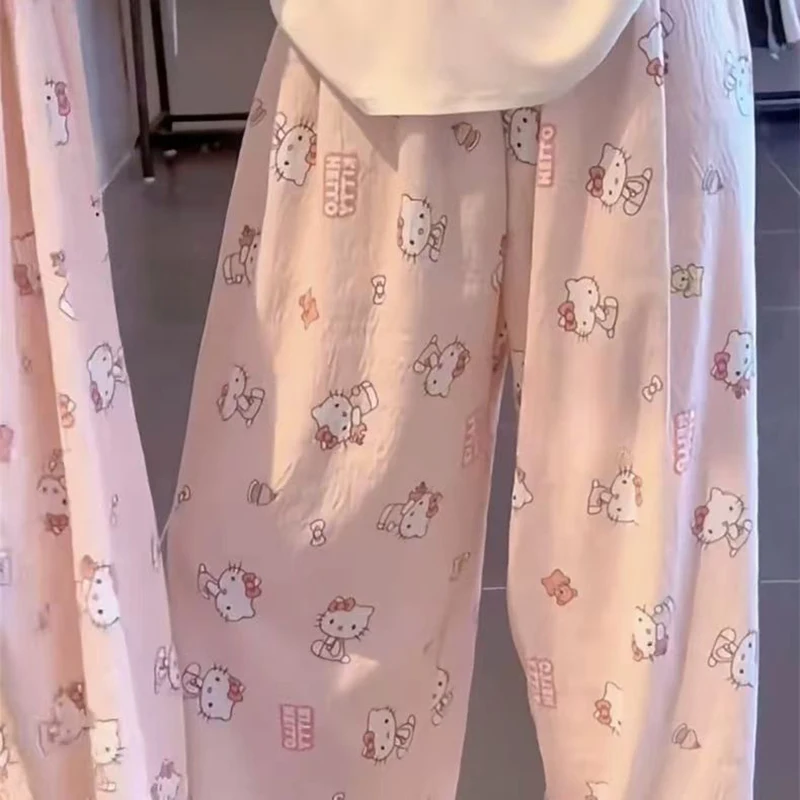 سانريو مرحبا كيتي بنطلون بيجاما Y2K واسعة Kawaii KT القط الساق السراويل الصيف رقيقة عالية الخصر بناطيل كاجوال فتاة هدايا عيد الميلاد