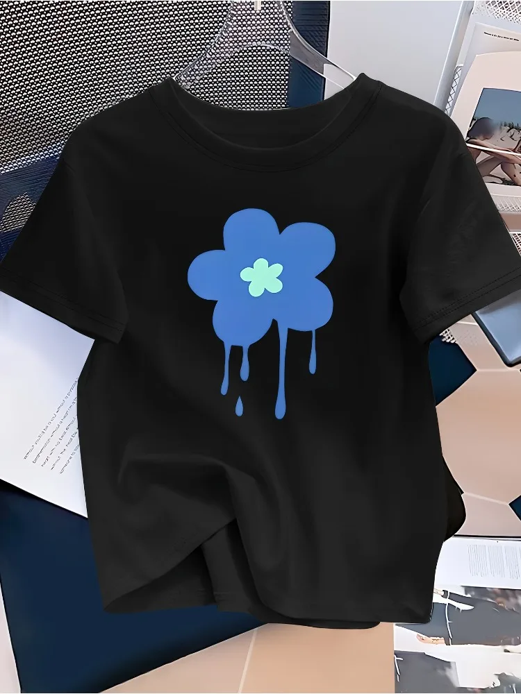 

Women's Turquoise Floral Print T-Shirt Crew Neck Short Sleeve Casual Elegant Top Unique Pattern T-Shirt Streetwear Y2K Style