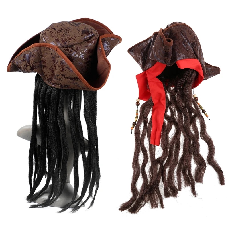 Halloween Pirate Captain Hat Party Costume Headgear Braids Wig Cosplay Props Decoration Accessories for Adult B03E