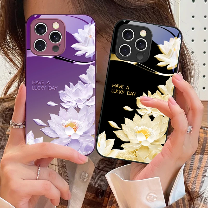 

Gradient yellow lotus For iPhone 16 E 15 14 13 Plus 12 mini 11 Pro Max XR Xs Max 16E X 7 8 6 6S 2022 Tempered Glass Phone Case