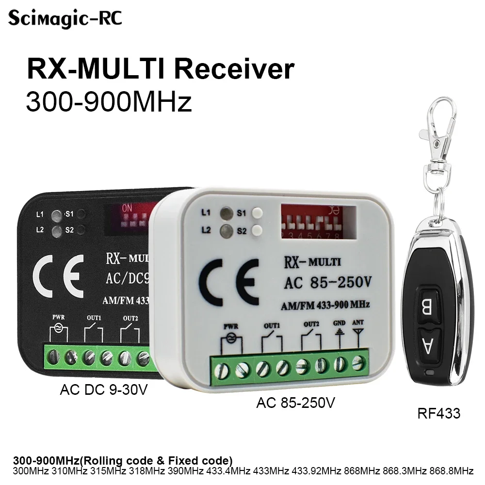 RX-MULTI Receiver AC/DC 9V-30V 220V 2CH 300MHz-868MHz MultiFrequency Garage Door Remote Control Gate Opener Receiver Controller