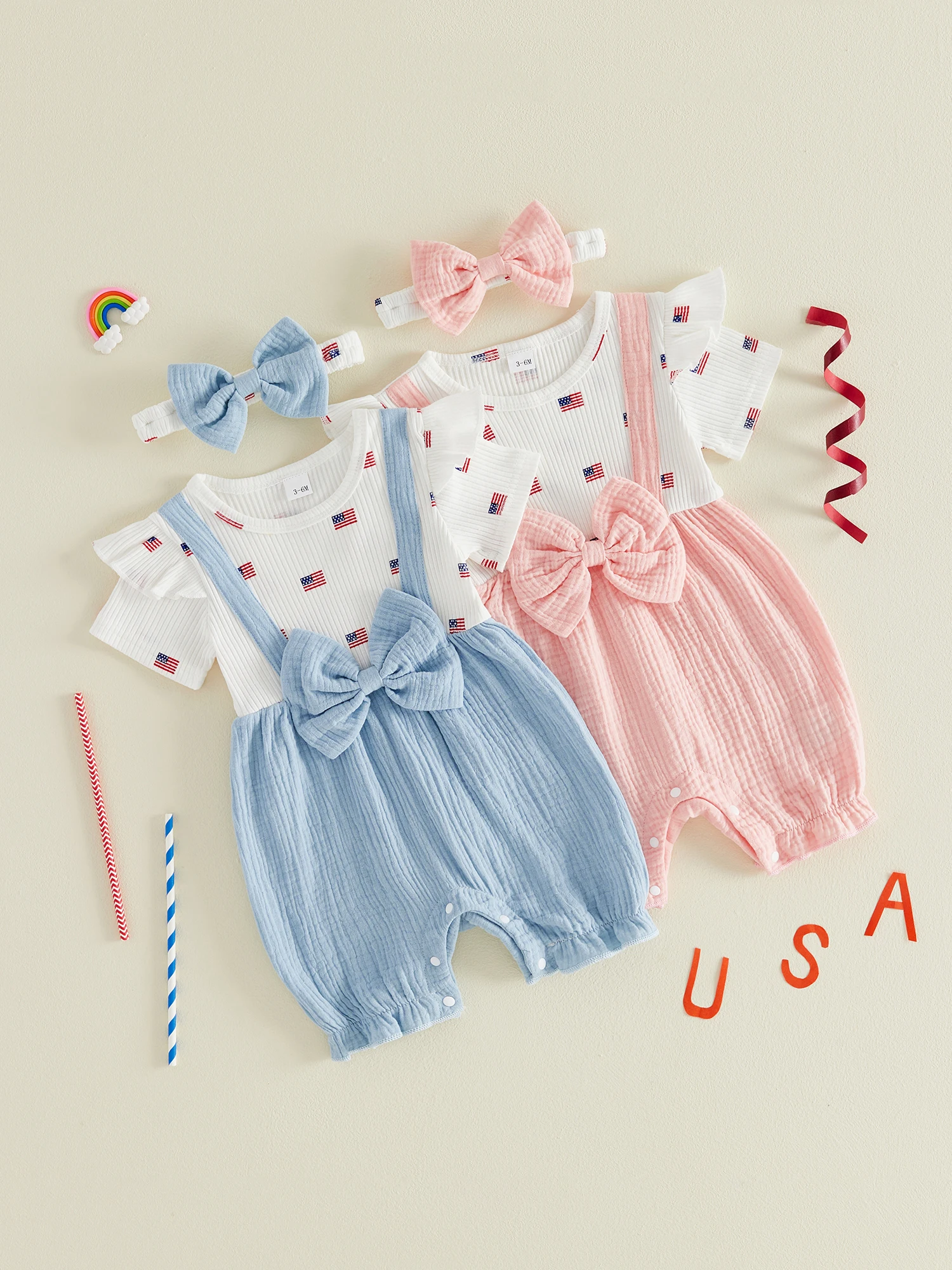 

Комбинезоны для новорожденных девочек на День независимости, комбинезоны с короткими рукавами и принтом американского флага, комбинезоны с подходящей повязкой на голову для