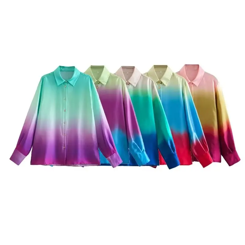 Faionable Tie Dye Print Lange Sve Kraag irt Lente Nieuwe Collectie Dameskleding Woon-werk Sle Pure Kleur Knop D...