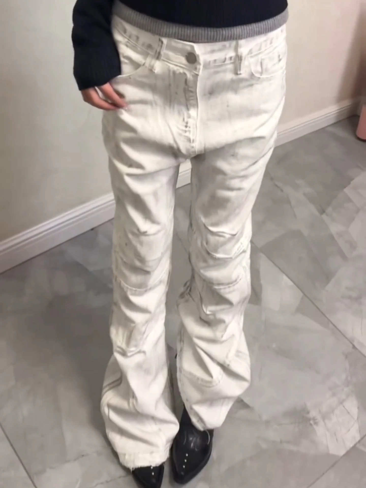 

plus Size American Retro Washed Dyed Split Micro Flared Jeans Women's Street Style Slimming Long Pants Trendy Casual Jeans