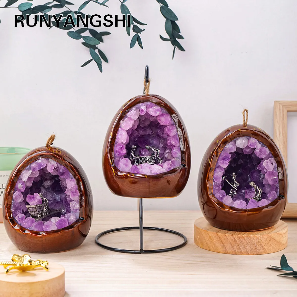 1PC Natural Amethyst Healing Stone Hand Carved Folk Crafts Dinosaur Egg Carving Mine Worker Crystal Lamp