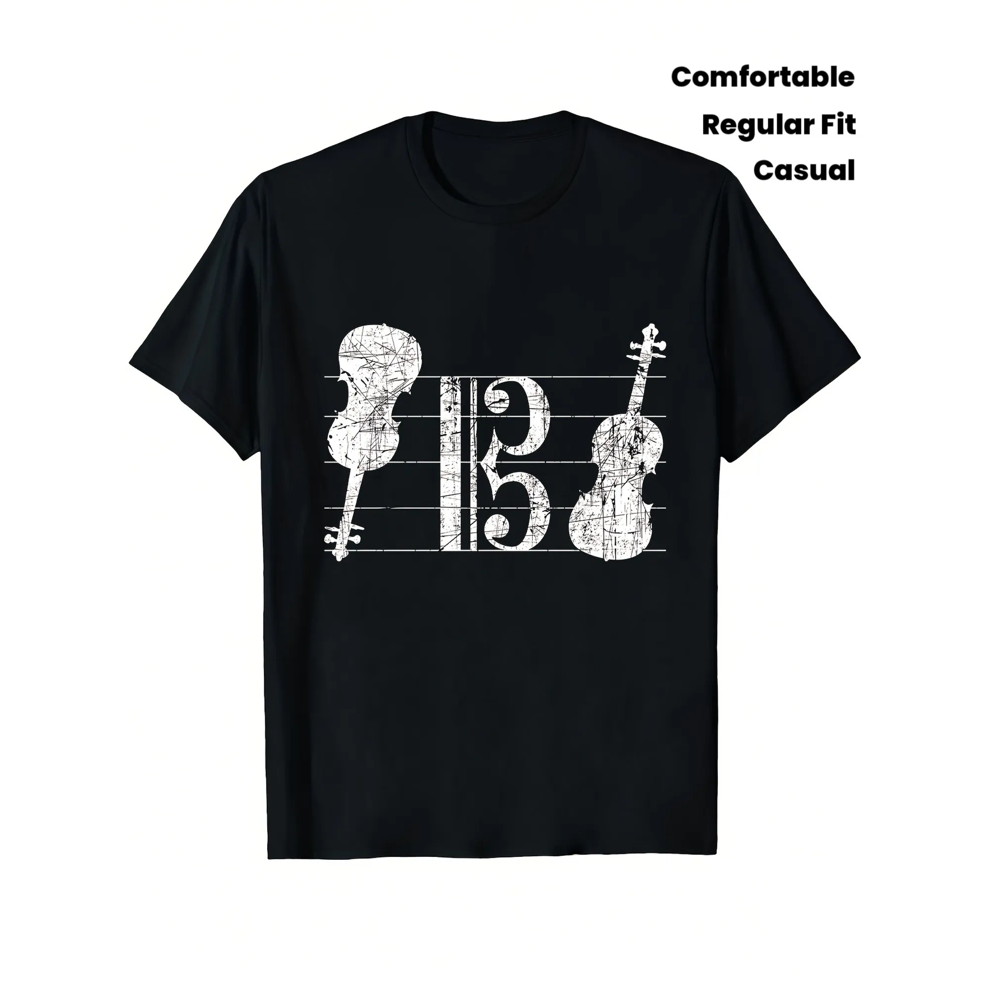 Viola Music Notes Graphic Tee for Men Distressed Print Comfortable Short Sleeve Round Neck Casual Shirt