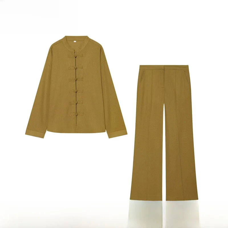 Fashionable Early Autumn New Arrival Women's Shirt And Straight Leg Pants Set mid Waist Zipper Closure Polyester Fiber
