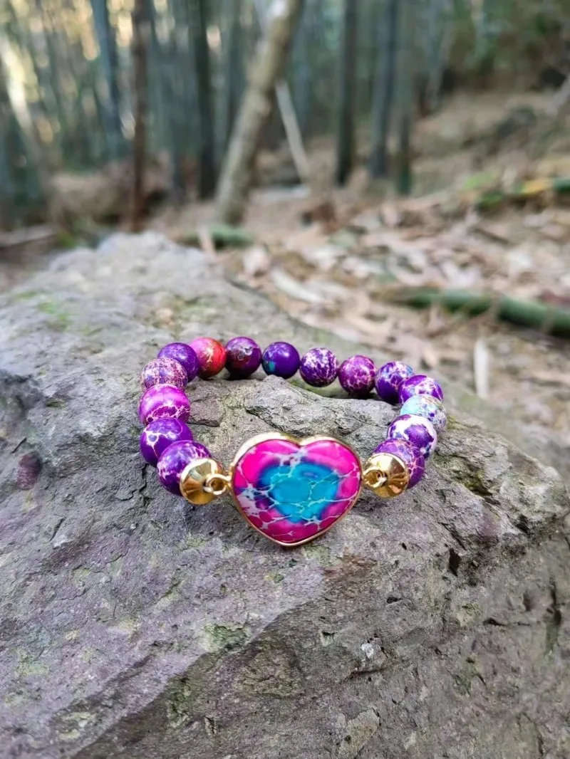 Fashion Vintage Ethnic Nature Imperial Stone Heart Violet Hand String Beads Bracelet for Women Elasticity Meditation Party Gift