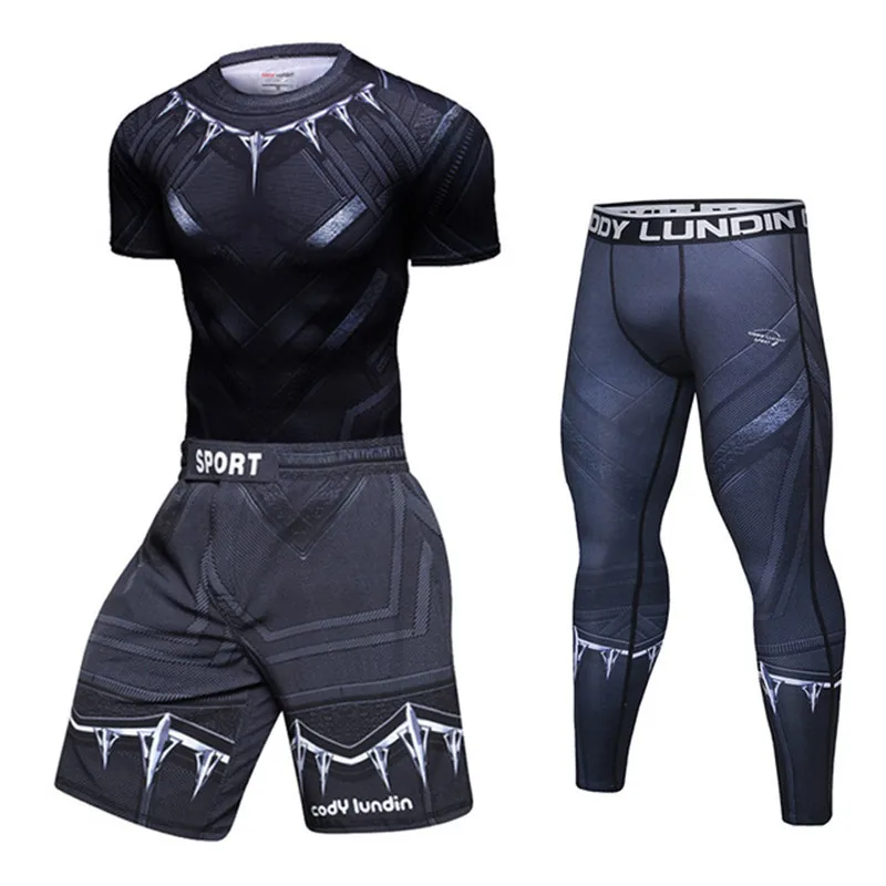 Compressie Shirt Zwart Panther Spider Fitness Winter Soldaat Gym Workout Mma Rashguard Bjj Mannen Jiu Jitsu Running Jogging Set