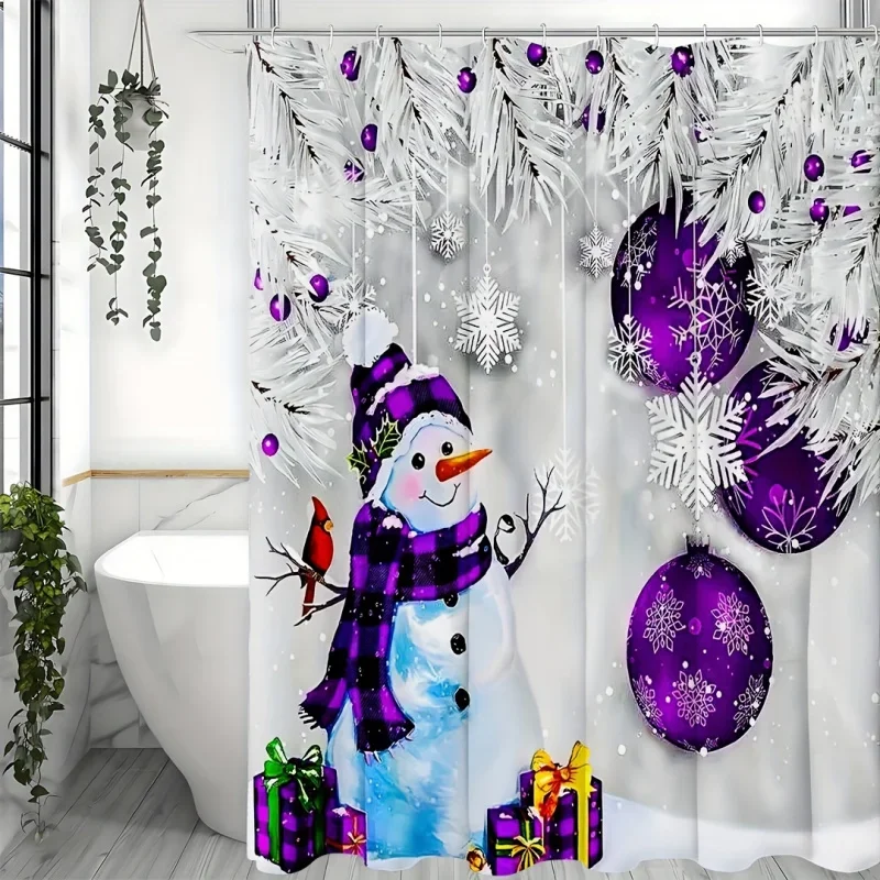 1pc Purple Snowman , Decorative Set, Including Waterproof Shower Curtain, 12 Plastic Hooks, Bathroom