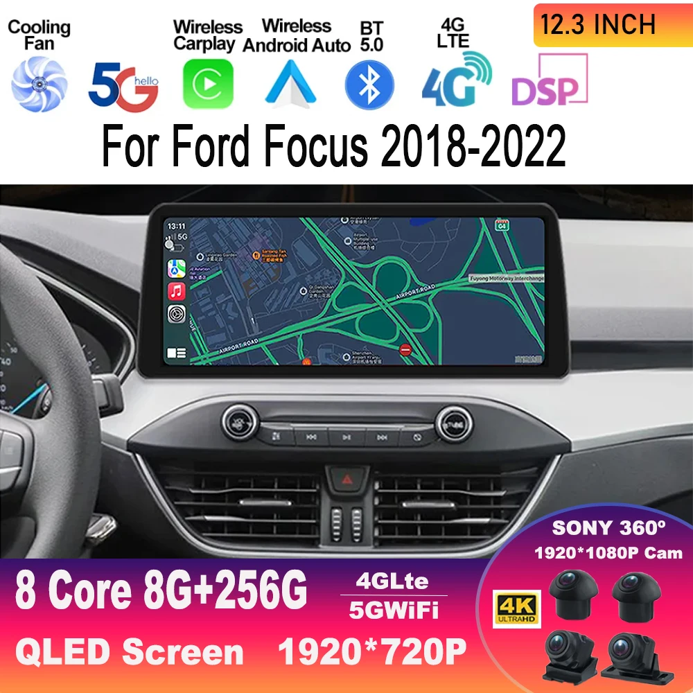 

12,3 дюймовый Android 13 для Ford Focus 2018-2022 Автомобильный мультимедийный плеер 4G WIFI BT FM GPS-навигация головное устройство с рамкой авто стерео