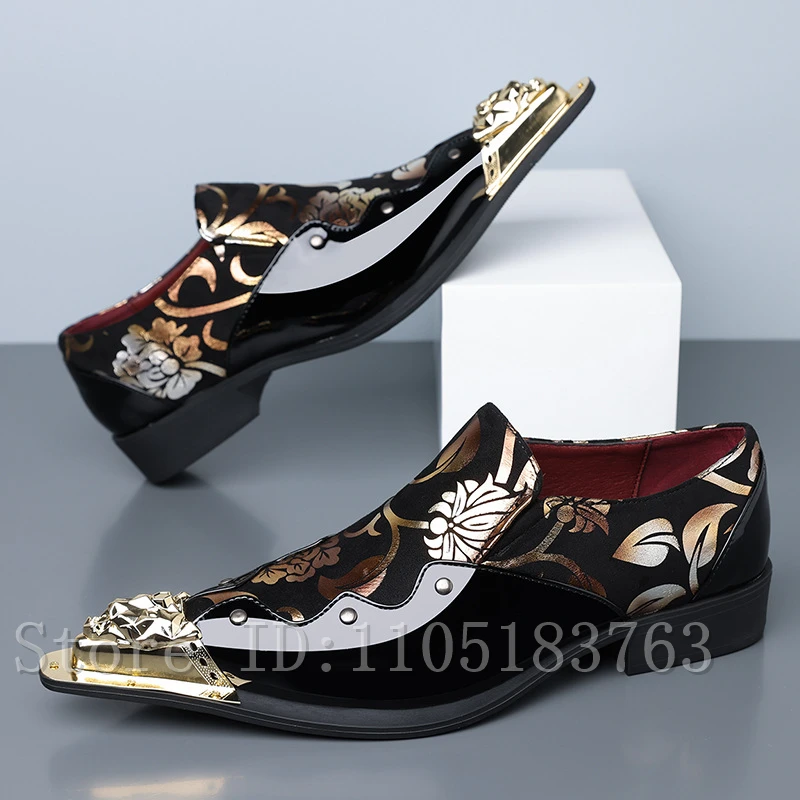 

Men Luxury Gold Floral Print Pointed Toe Dress Shoes, Metal Decor Patchwork Formal Party Wedding Banquet Fashion Casual Loafers