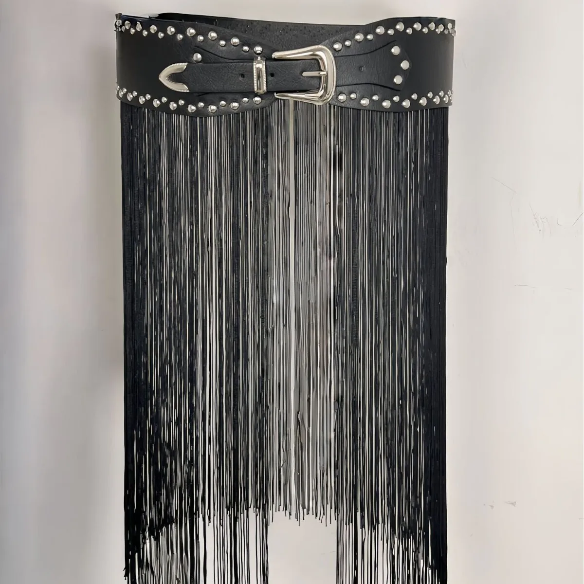 European And American Style Rivet Decorated Punk With Tassels Wide Black Plus Size Versatile Waist Seal Polyester Tassel Belt