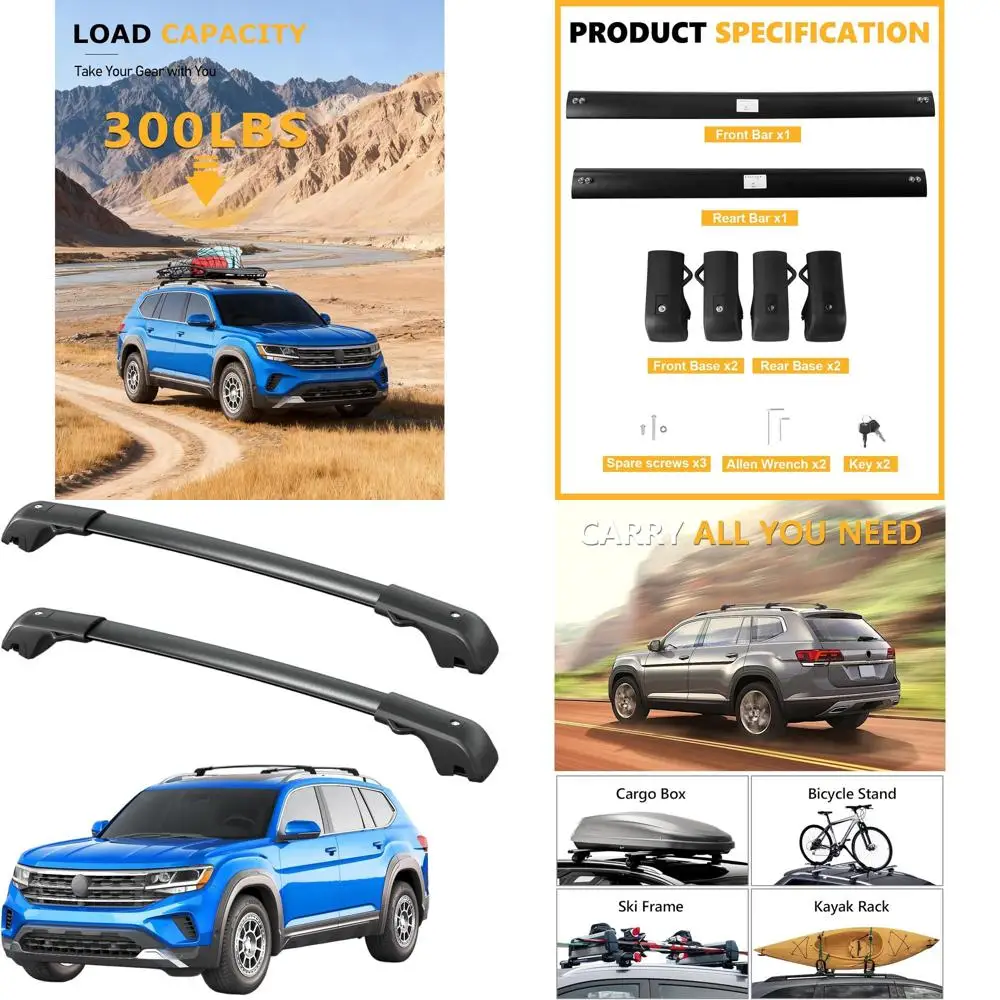 

Aluminum Roof Rack Crossbars for 2017-2026 VW Atlas with Raised Rails - Lockable, Heavy-Duty, Anti-Theft