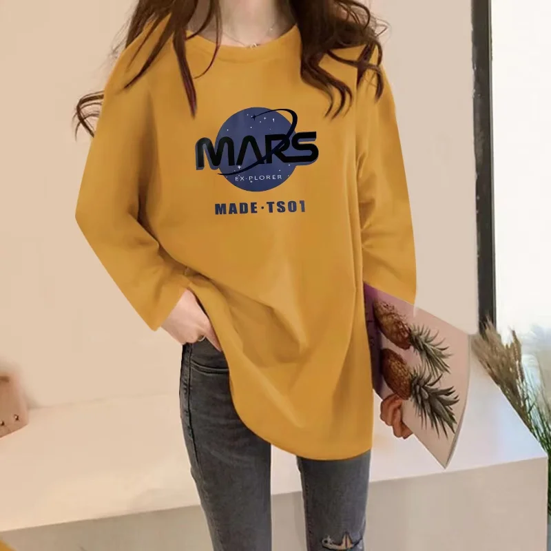 Cotton Long Sleeved T-shirt Women Medium Length White Bottom Shirt Spring Autumn Outerwear Inner Layer Casual All-match Top