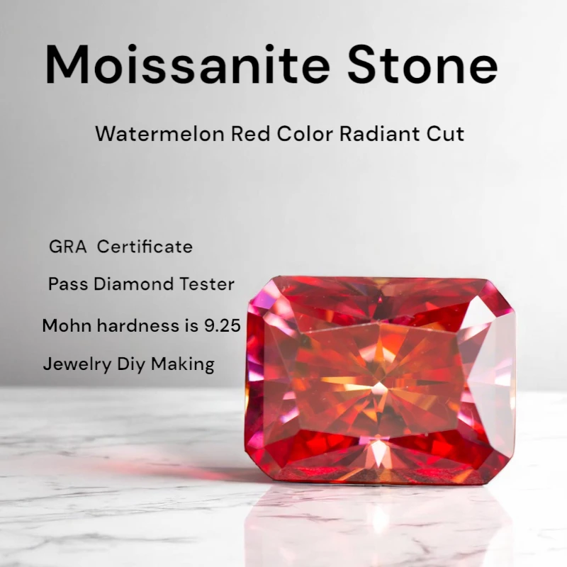 

Wholesale Moissanite Stone Watermelon Red Color Radiant Cut Charms Gemstone DIY Advanced Jewelry Rings Earrings Making with Cer