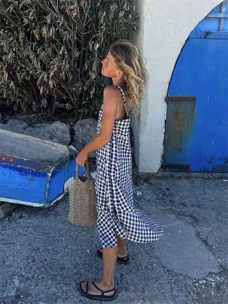 Neue 2024 Sommer Frauen süßes Mädchen Plaid Maxi kleid ärmellose A-Linie locker sitzen elegante High Street Chic atember aubende Modedesign