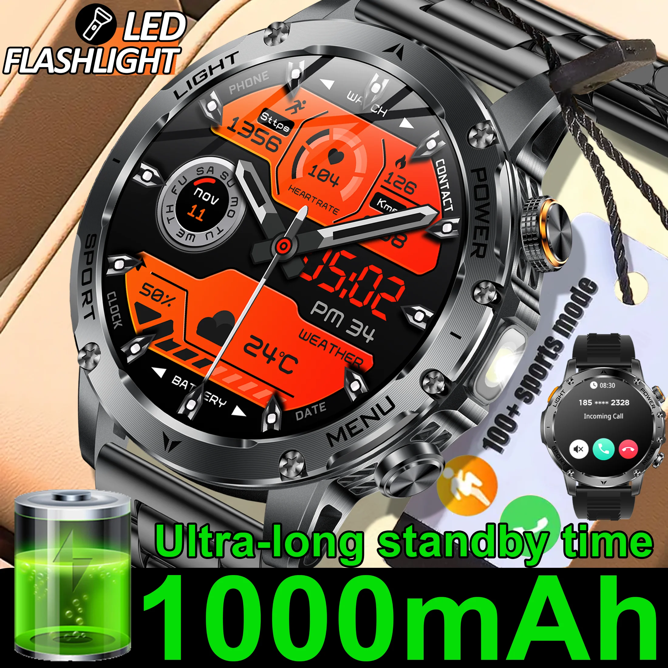

2025 мужские военные умные часы с большой батареей емкостью 1000 мАч, IP68, водонепроницаемые, Bluetooth-вызов, мощный фонарик, трекер сердечного ритма