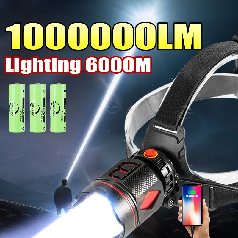 Powerful LED Headlamp 800W Most Power Long Range 6000M Headlight USB Rechargeable Head Flashlight 18650 Fishing Hunting Lantern