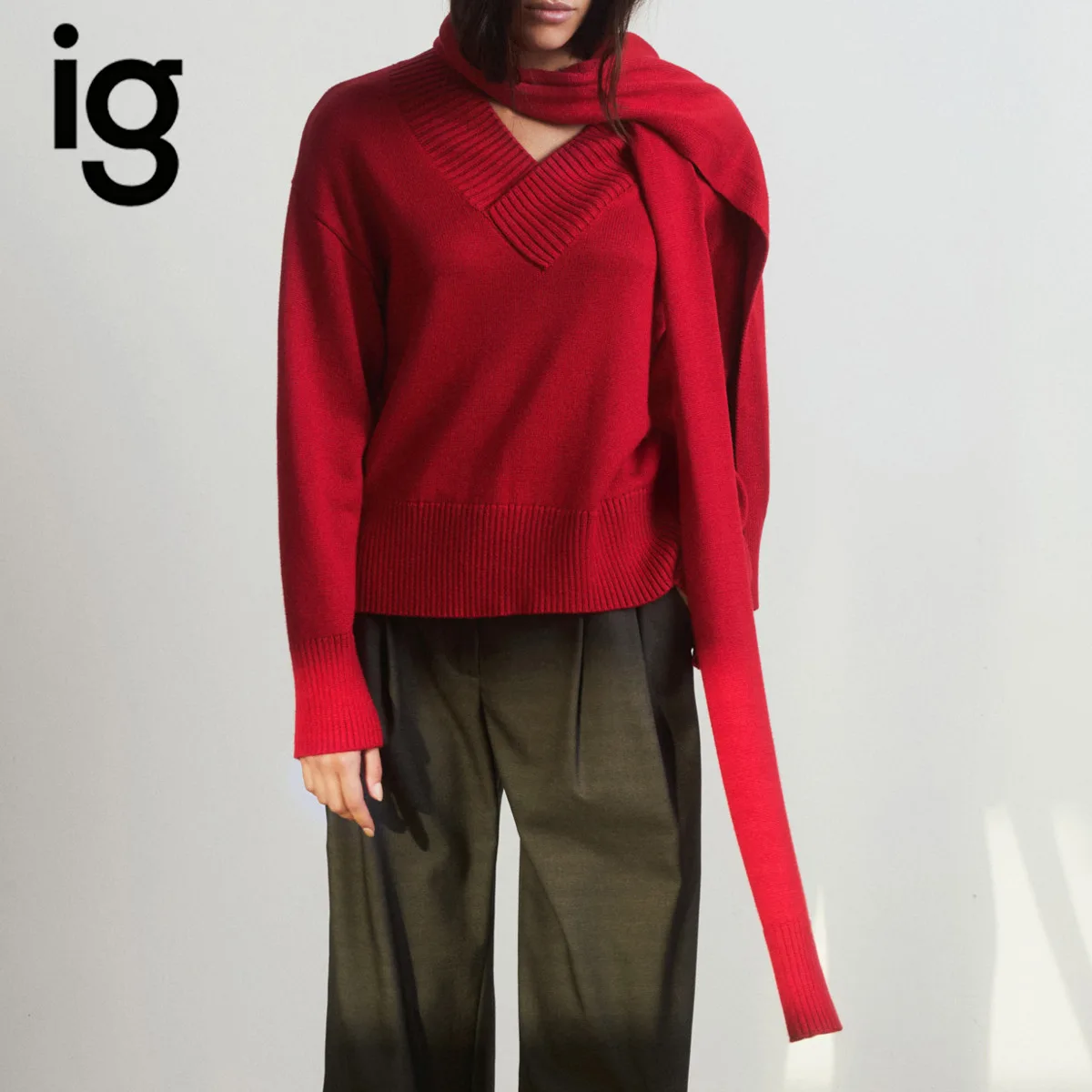 IG Women V-Neck Knit Sweater with Matching Scarf, Drop Shoulder Ribbed Trim, Loose Fit Casual Winter Warm Pullover