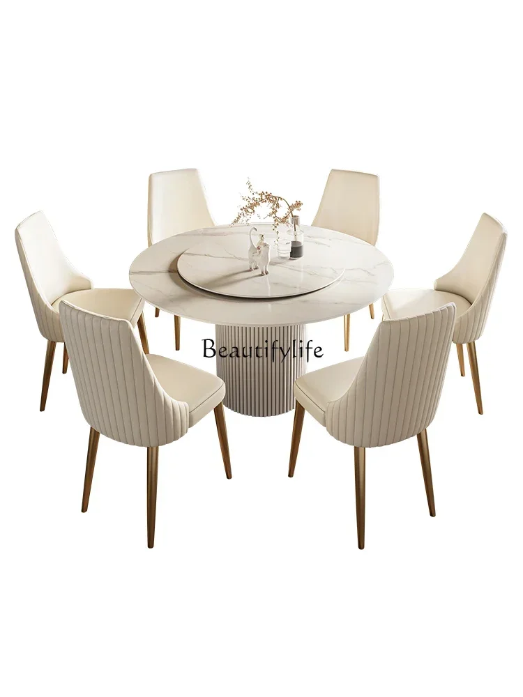 

FG28White cylindrical dining table light luxury simple rock slab with turntable wabi sandy wind solid wood table