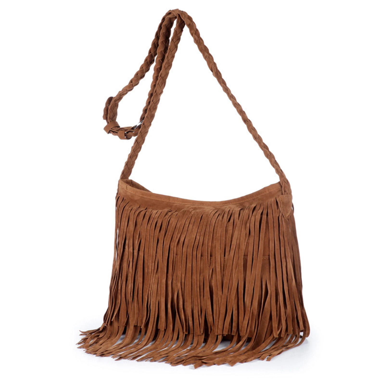 Boho Style Tassel Crossbody Bag Vintage Shoulder Bag With Adjustable Knitting Strap Casual PU Fringe Messenger Bag For Women