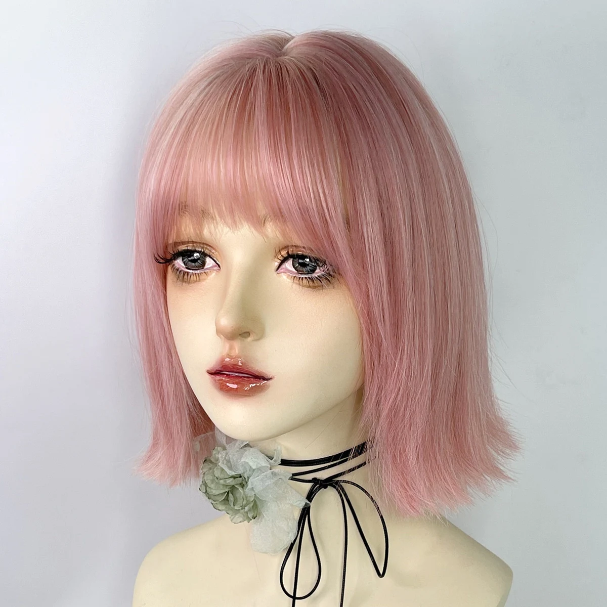 GAKA Short Curly Pink Bob Synthetic Role Play Wig For Women Silver Natural Heat Resistant Hair With Fringes Full Head Covering