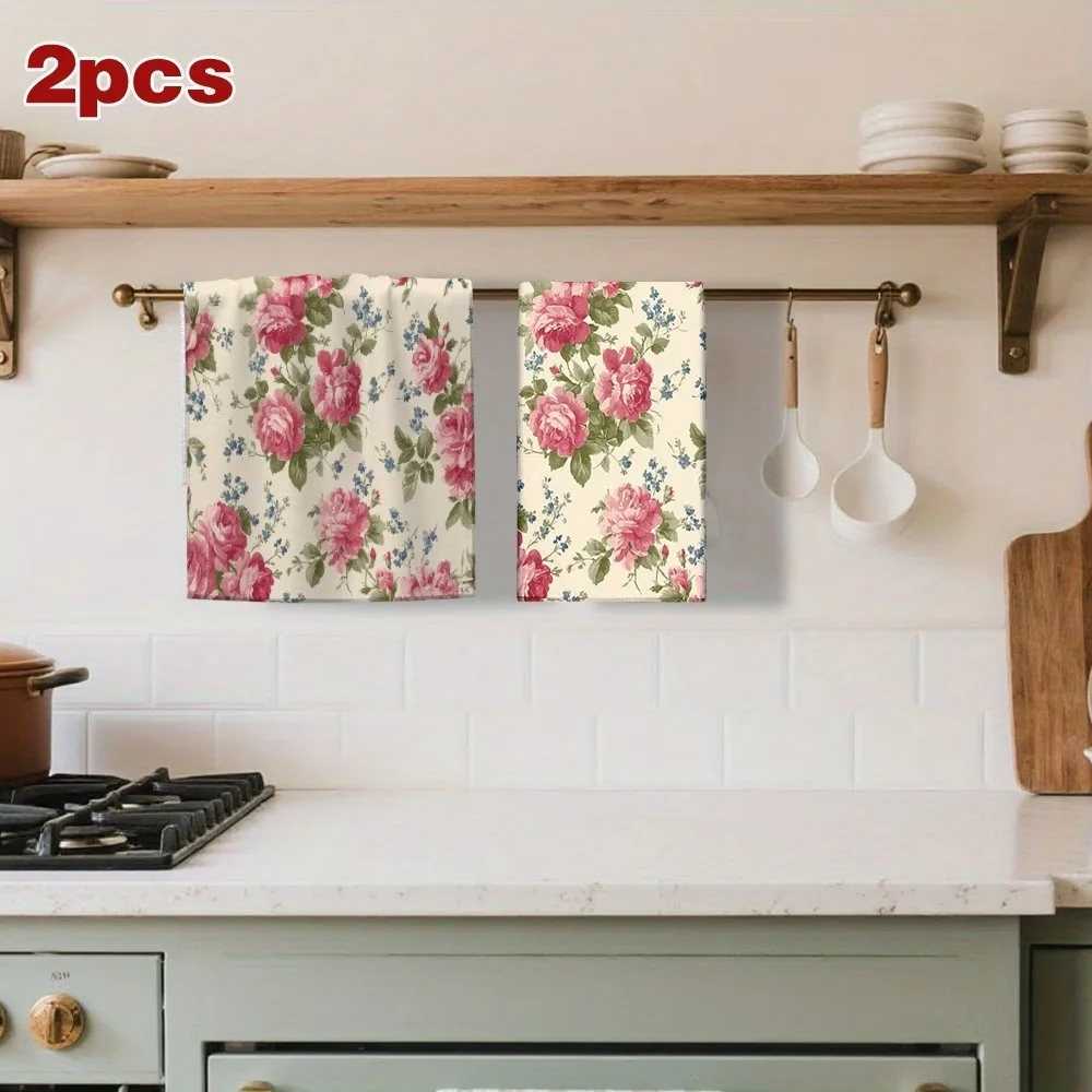 2-Pack Rose Bouquet Pattern Design Kitchen Towels, Dish Towels, Hand Towels, Holiday Decoration Hand Towels, Soft Absorbent Drying Cloth, Kitchen Decoration, Table Decoration, Kitchen Supplies, Home Decoration, Spring and Summer Floral Designs