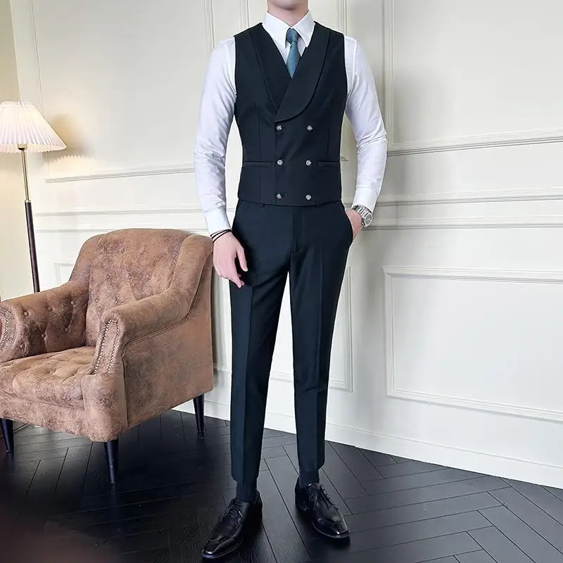 

2-C3 Double-breasted suit vest suit men's wedding groomsmen suit slim handsome hind business casual vest jacket