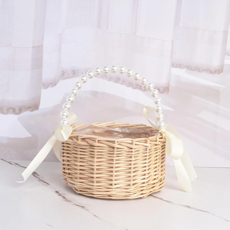 New Wicker Flower Girl Basket For Weddings, Rattan Flower Basket Handmade Flower Girl Basket With Handle And Ribbon