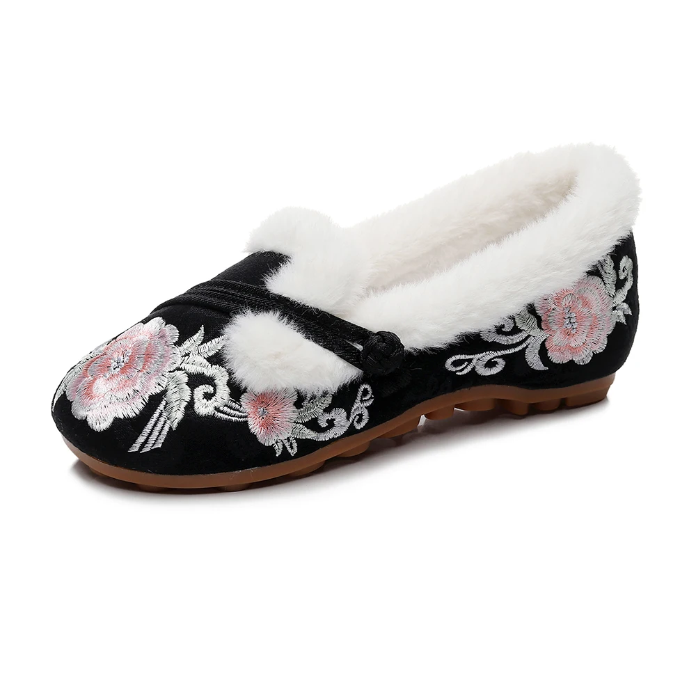 Veowalk Winter Women Faux Fur Lining Warm Flat Shoes Light Soft Comfortable Non-Slippery Chinese Embroidery Slip On Ballets