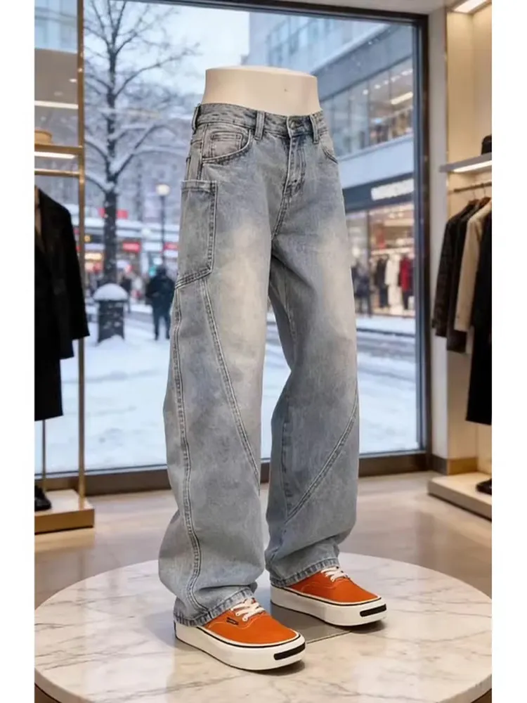 

American Washed Blue Workwear Jeans Men's High Street Loose Angle Cut Wide Leg Trendy Knife Flared Pants Casual Loose Fit