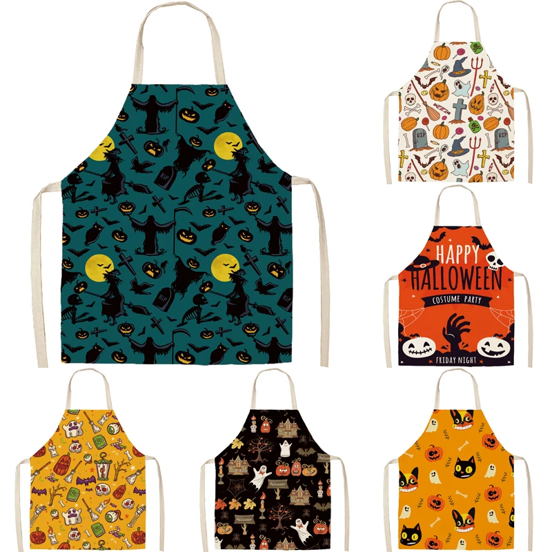 Adult Aprons Kitchen Apron Halloween apron Printed Sleeveless Cotton Linen Men Women Home Cleaning Tools WC0015