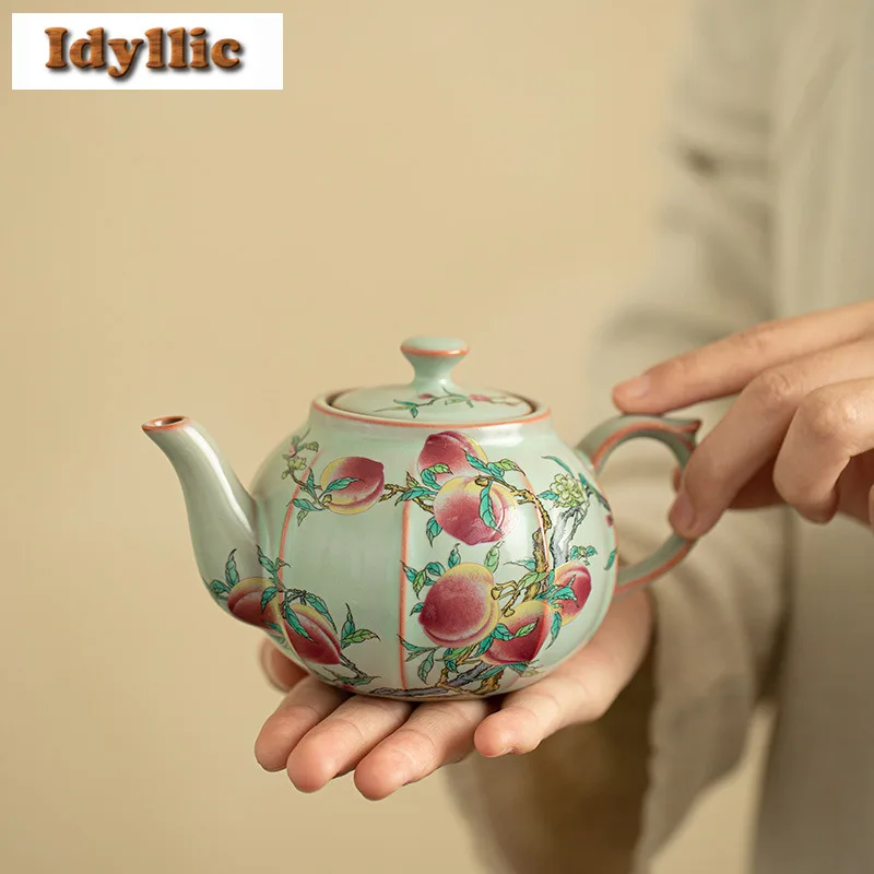 

230ml Ru Kiln Nine Peach Painted Teapot Traditional Tea Infuser Pot Tea Maker Kettle With Filter Teaware Supplies Decoration Cha