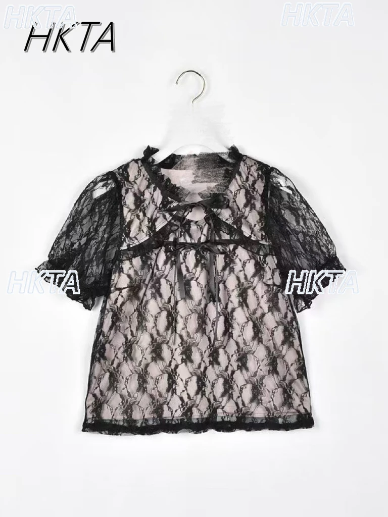 Estilo japonés agradable arco encaje hasta encaje hueco Tops camisa mujeres desplazamientos versátil cuello redondo manga corta blanco rosa camiseta